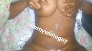 Horny White Guy can't Handle Ebony Haitian MILF Pussy, Covers her Belly with Cum